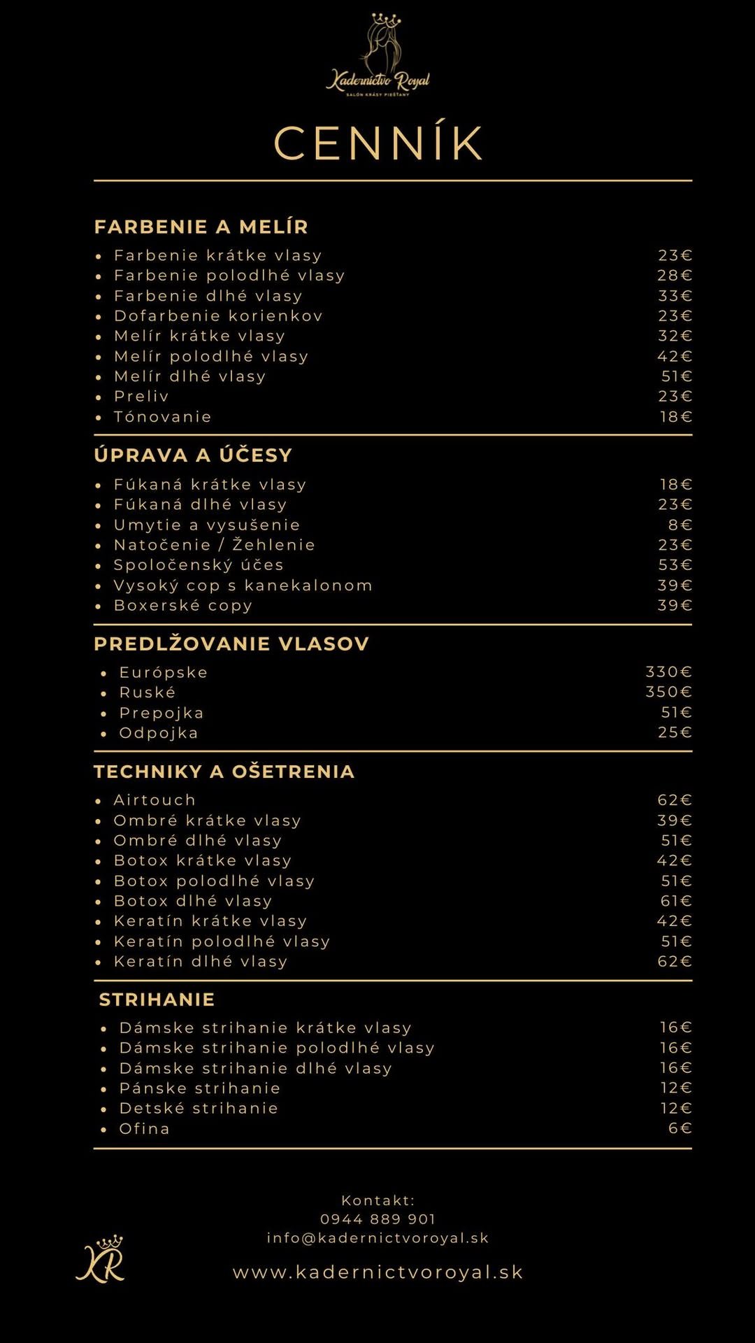 Cenník Kaderníctvo Royal Piešťany