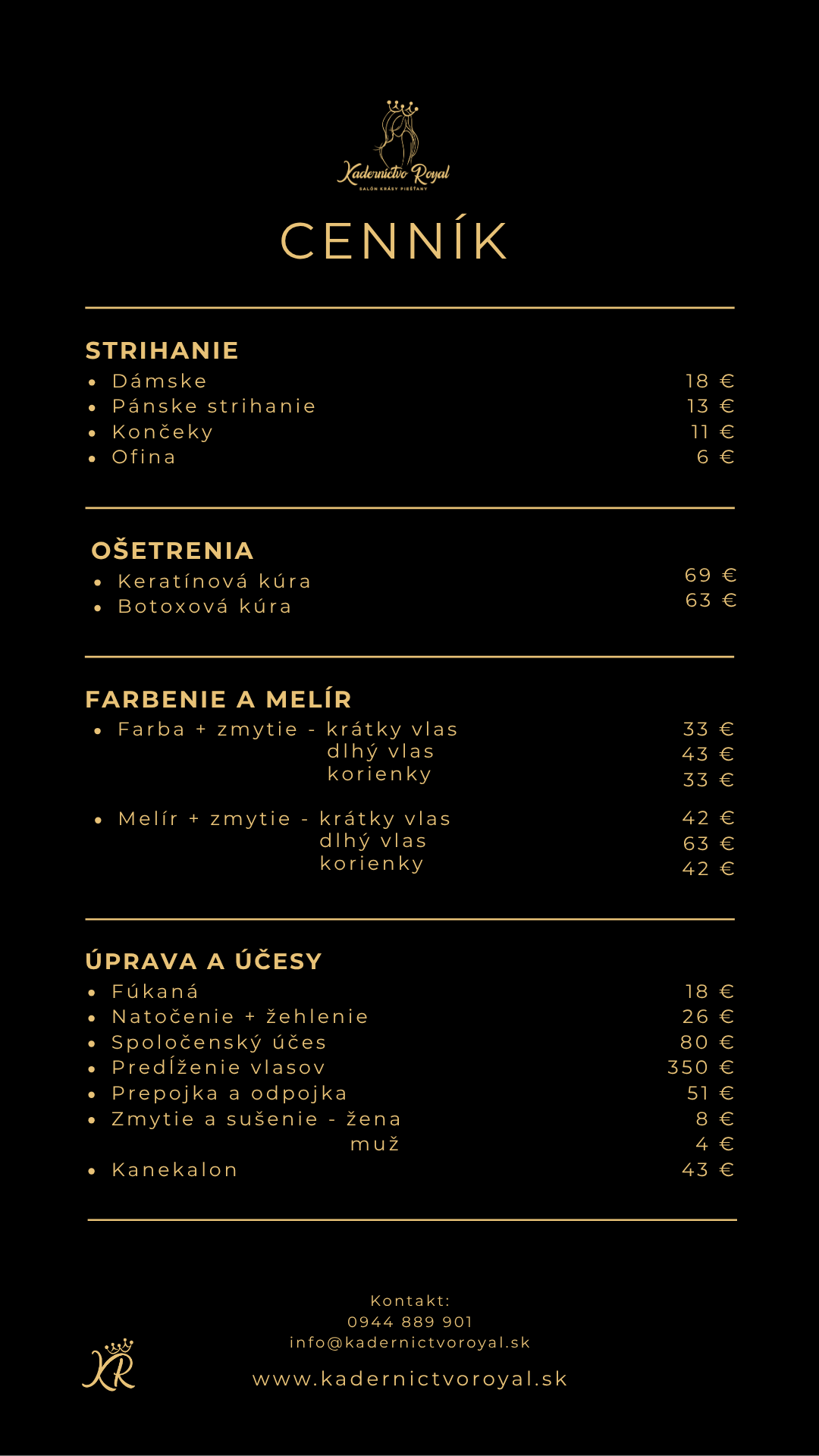 Cenník Kaderníctvo Royal Piešťany